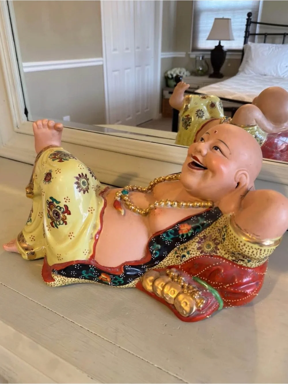 Vintage Cheerful Yellow Reclining Laughing Buddha Figurine - Home Accent Statue
